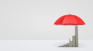 a visual metaphor of GTM strategy can drive predictable growth as an red umbrella hovering over an increasing 3d bar chart
