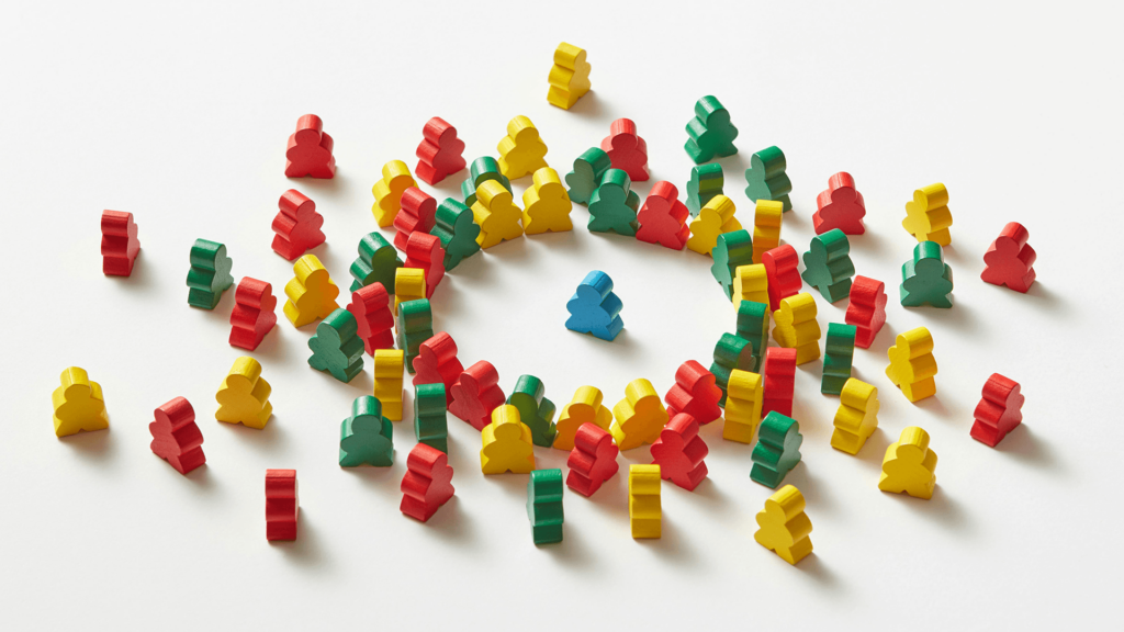 Agentic B2B Demand Funnel represented by a bunch of mult-colored, little wooden people game pieces converging on a single blue person game piece.