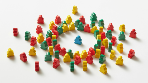 Agentic B2B Demand Funnel represented by a bunch of mult-colored, little wooden people game pieces converging on a single blue person game piece.